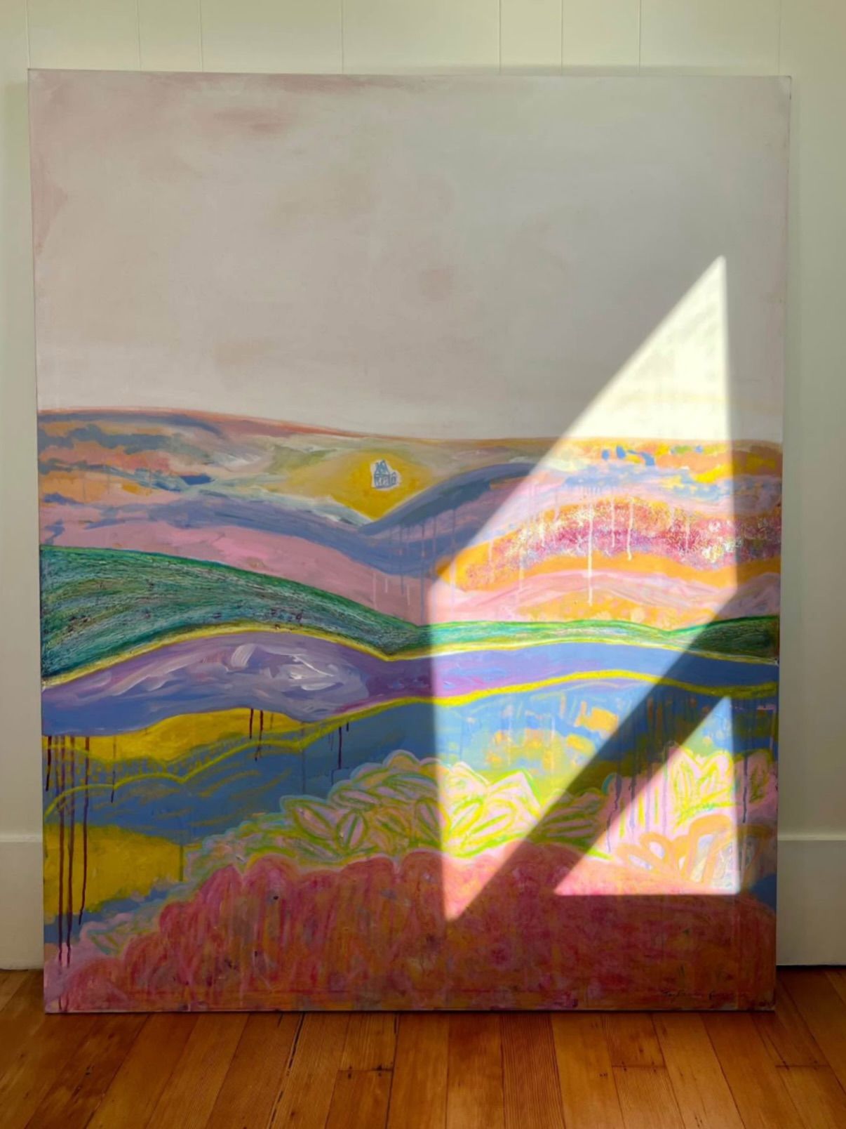 SLO Hills — large abstract landscape of rolling hills in pink, green, gold, and blue with a soft pale sky