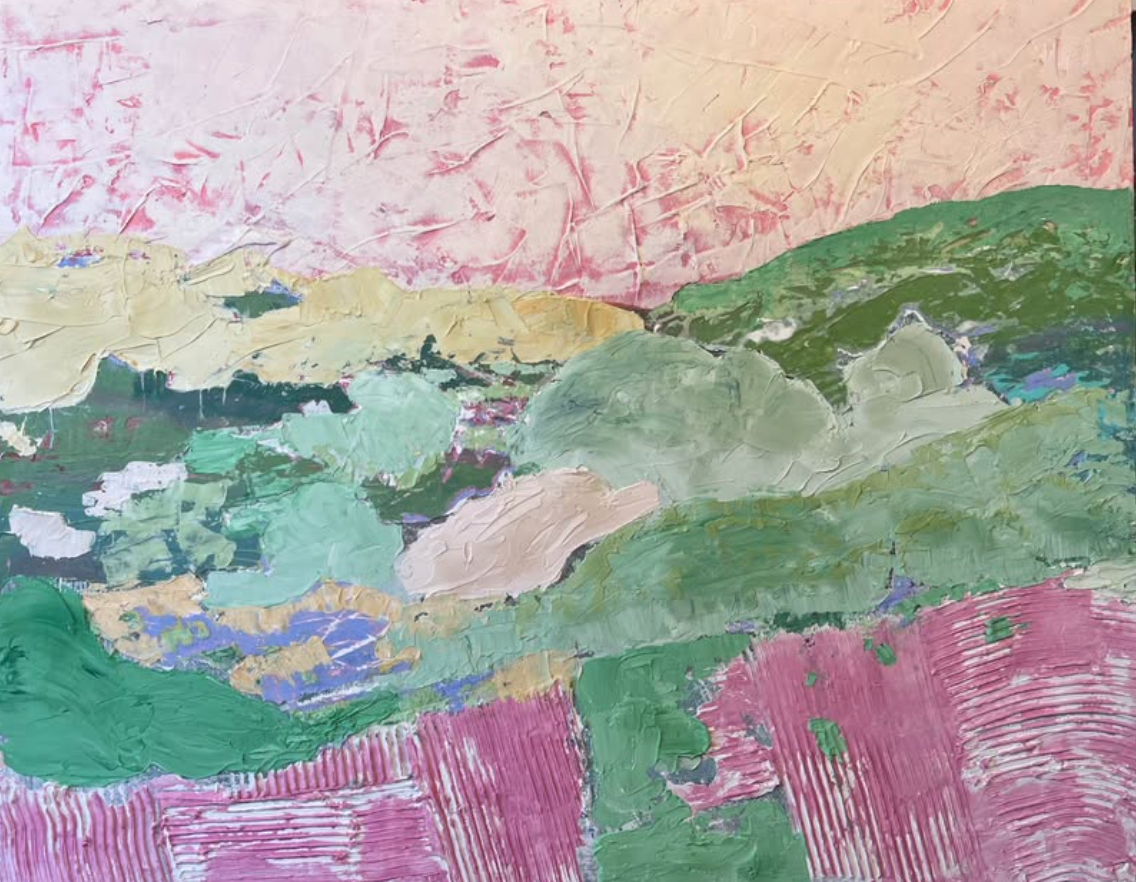 Large abstract painting in greens and pinks