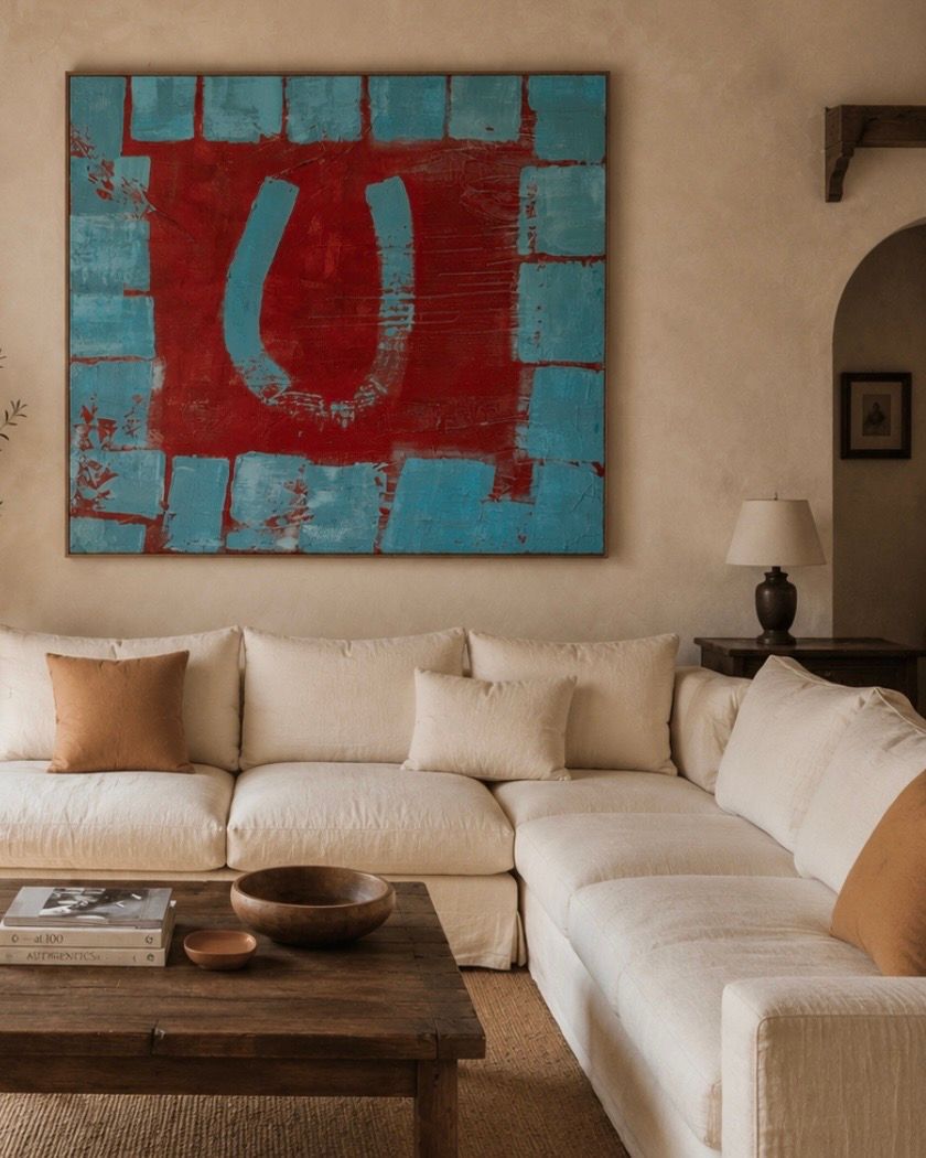 "Large abstract painting in blues and creams"