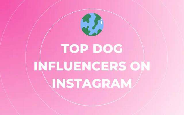 Un graphique avec une petite icône de la Terre et le texte "Top Dog Influencers on Instagram" sur un fond dégradé rose avec des cercles concentriques blancs, mettant en évidence les meilleurs influenceurs de voyage à travers les États-Unis.
