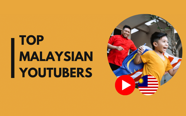 Promotional graphic for "top Malaysian YouTubers" featuring two joyful individuals, one adult and one child, with a Malaysian flag and YouTube logo.