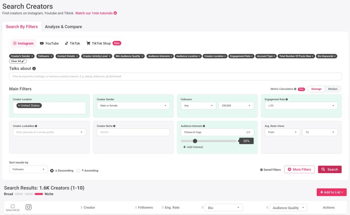 Filtra i creator per paese, lingua, nicchia e pubblico