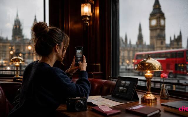 UK travel creator filming London from a cafe overlooking Big Ben