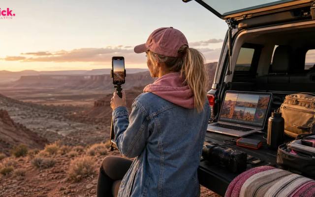 US-Reise-Creatorin filmt einen Wüsten-Roadtrip neben einem Geländewagen