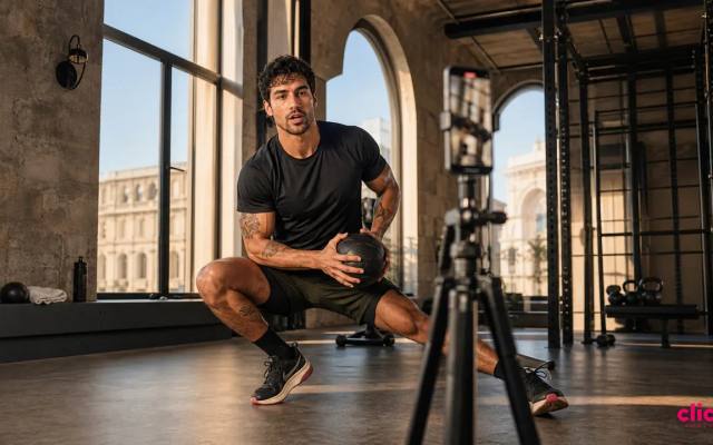Fitness creator filming a workout in a Milan gym overlooking the Duomo