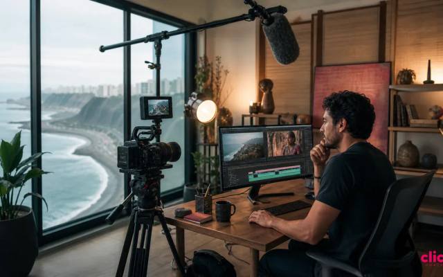 Peruvian YouTuber editing coastal footage in a Lima home studio