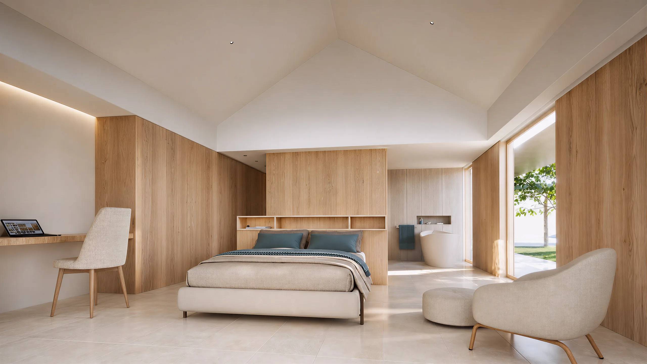 Dormitorio bajo cubierta inclinada, con cabecero y armarios de madera