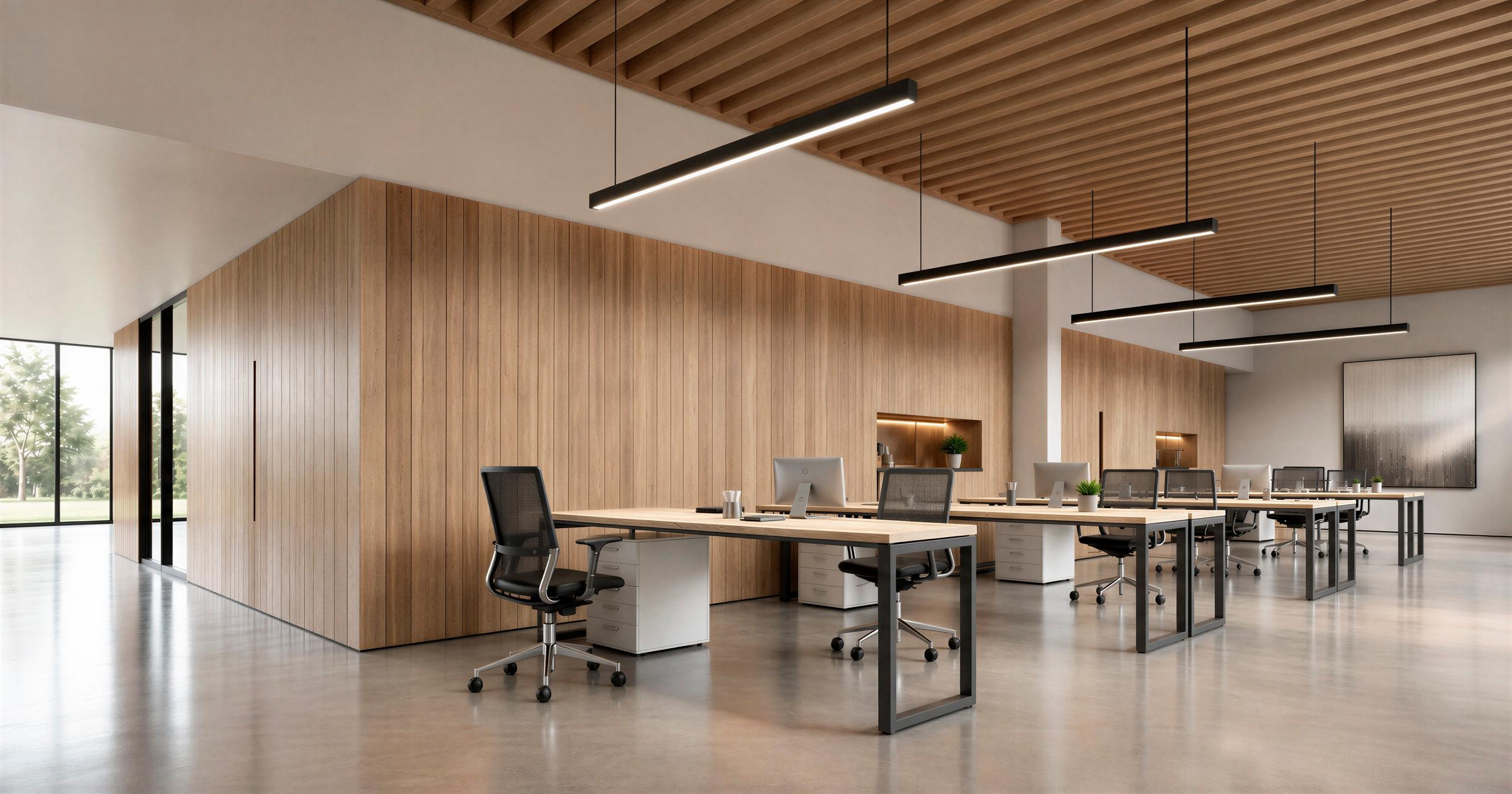 Zona de trabajo con techo de listones de madera y puestos individuales