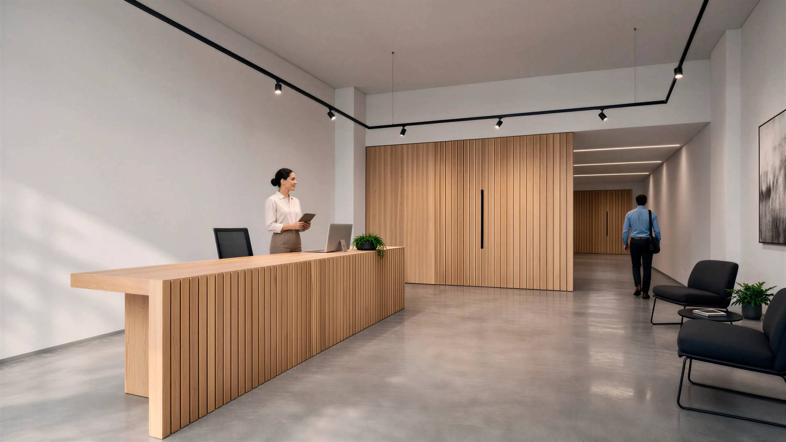Recepción con mostrador de madera y un paño de listones al fondo