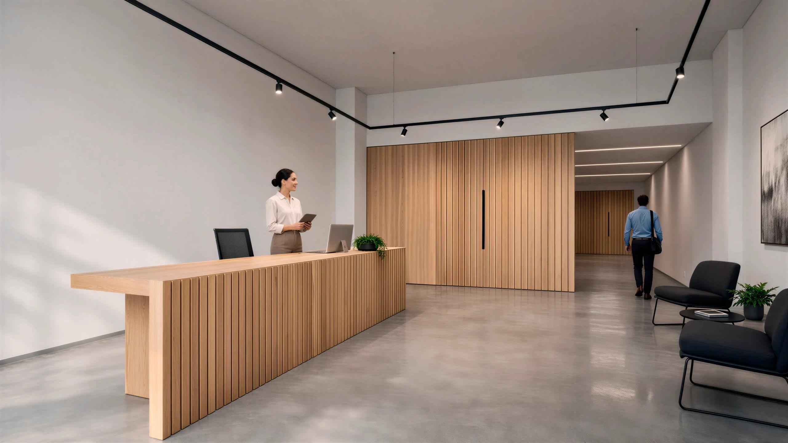 Recepción con mostrador de madera y un paño de listones al fondo