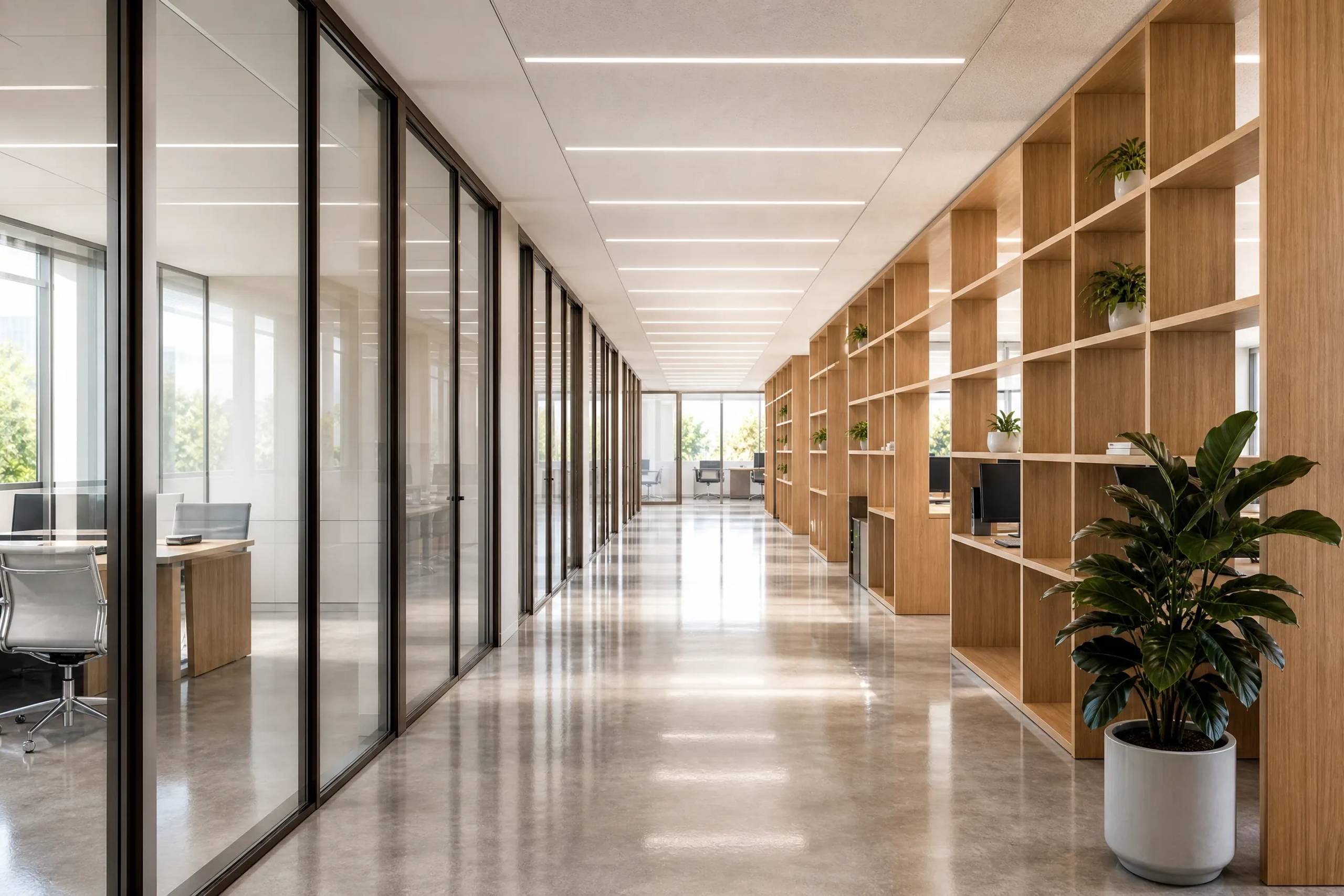 Pasillo acristalado junto a una estantería de madera con plantas