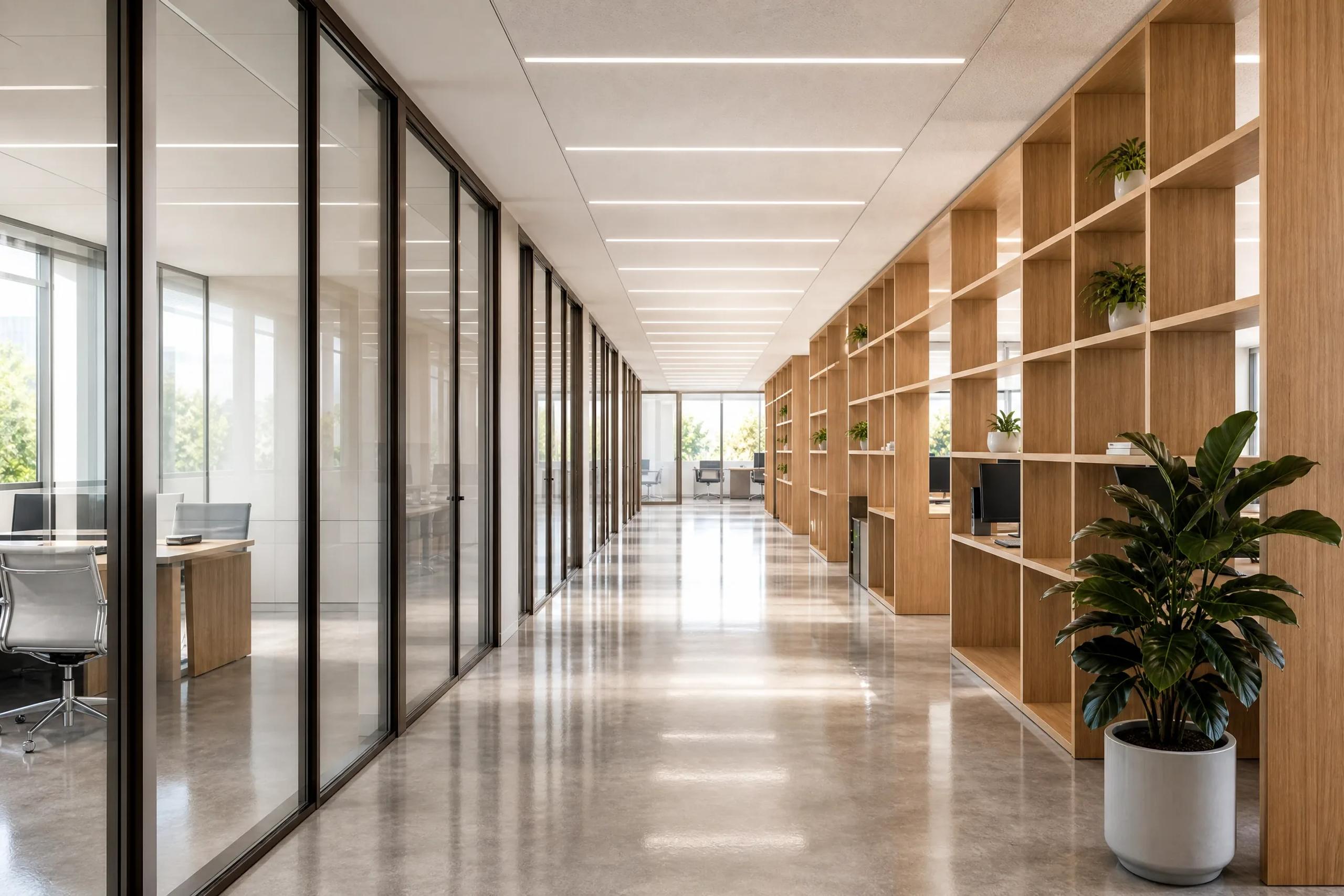 Pasillo acristalado junto a una estantería de madera con plantas