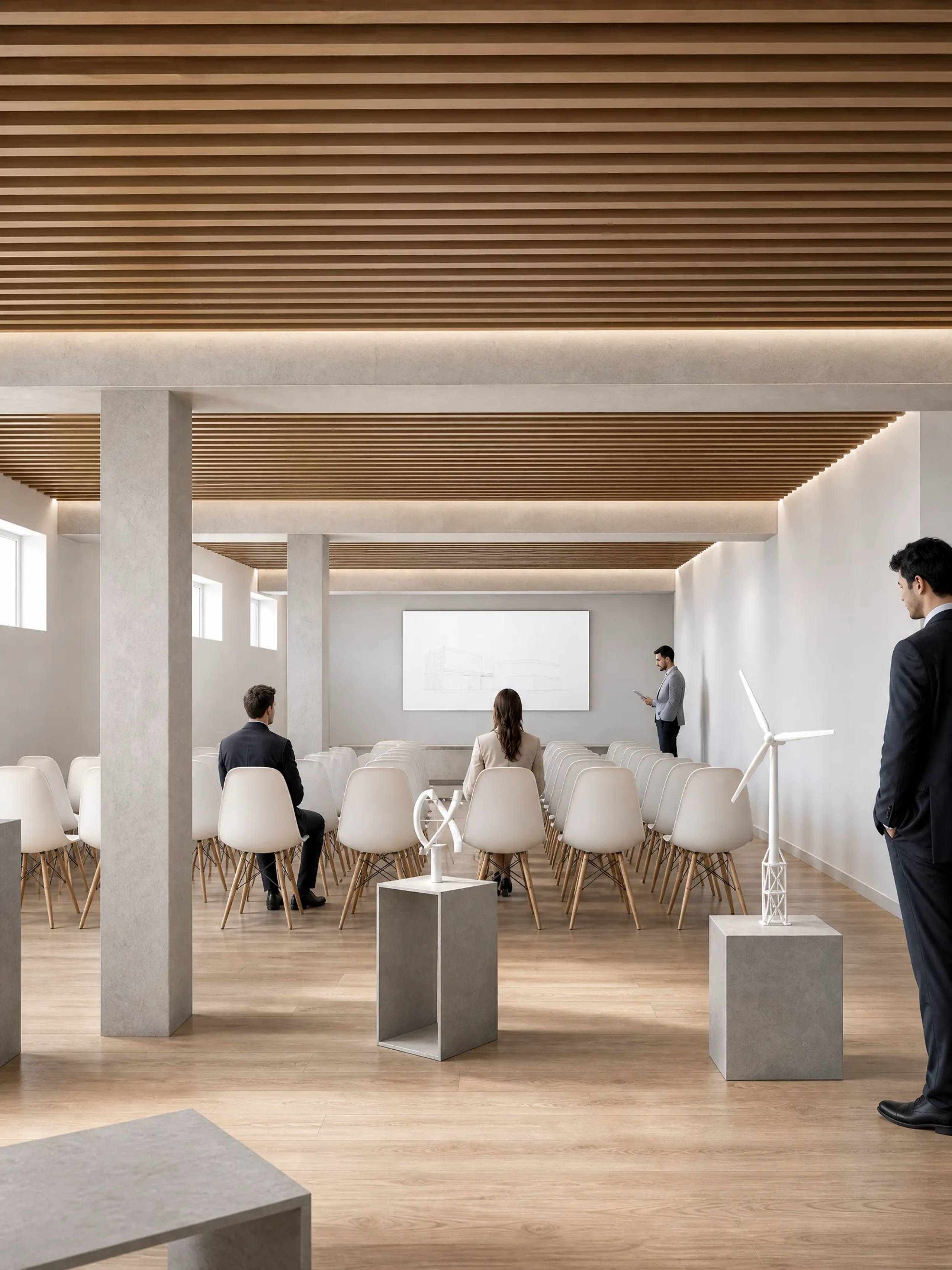 Sala de formación con sillas en semicírculo y una maqueta de aerogenerador