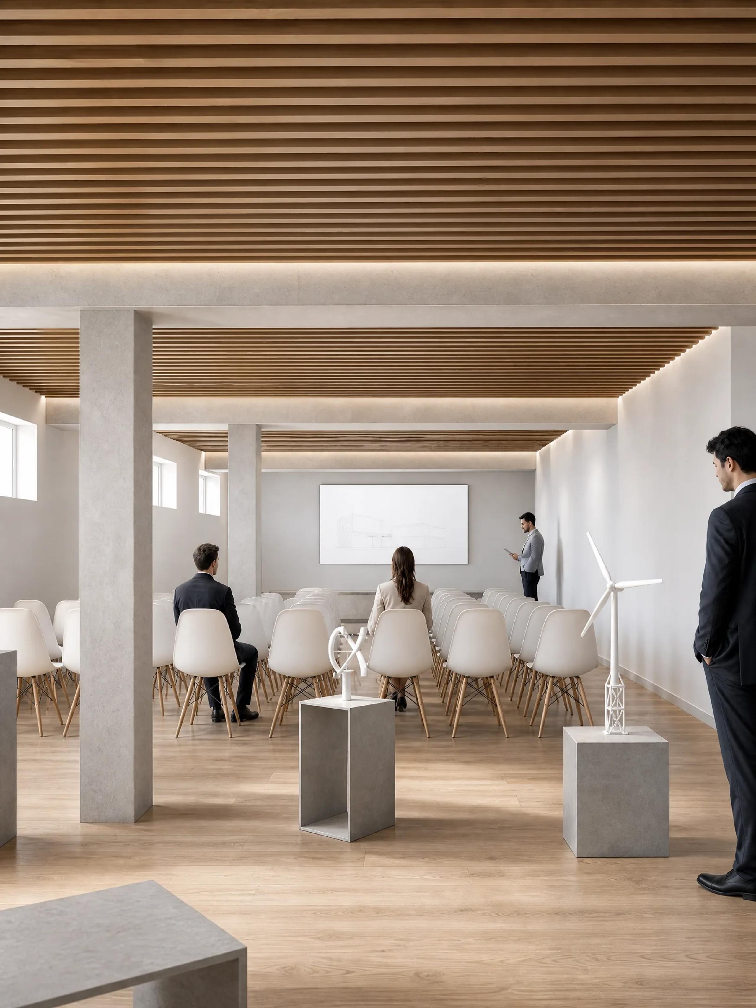 Sala de formación con sillas en semicírculo y una maqueta de aerogenerador