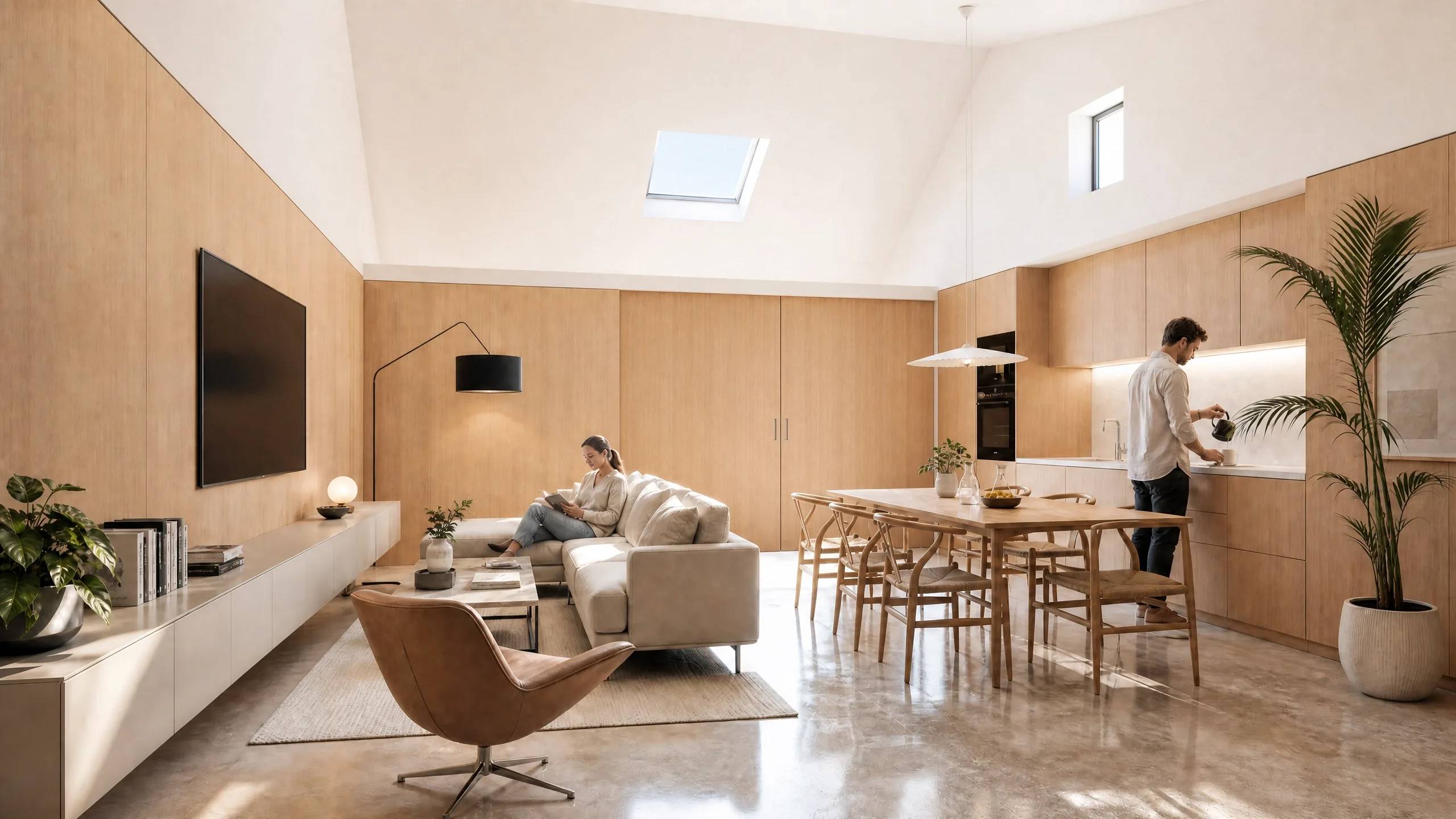 La misma pieza con las puertas cerradas: los frentes de madera forman un plano continuo