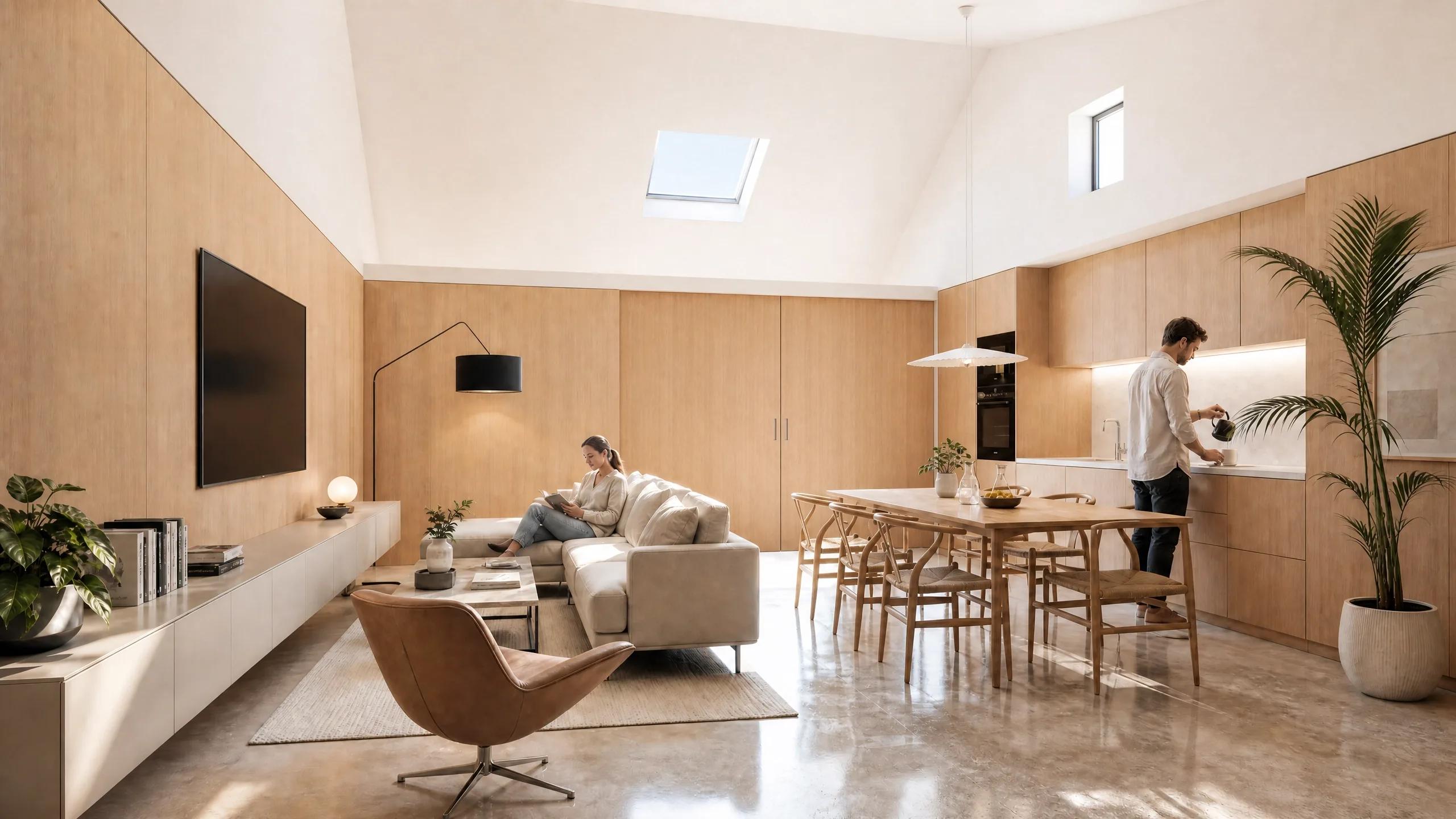 La misma pieza con las puertas cerradas: los frentes de madera forman un plano continuo