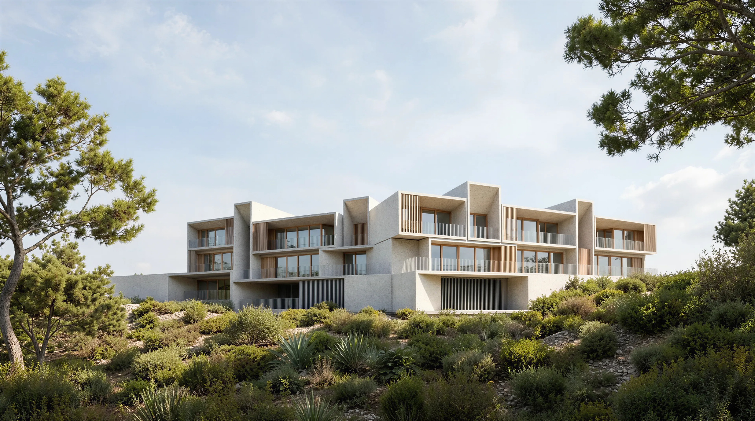 El conjunto escalonado sobre la ladera, entre vegetación mediterránea