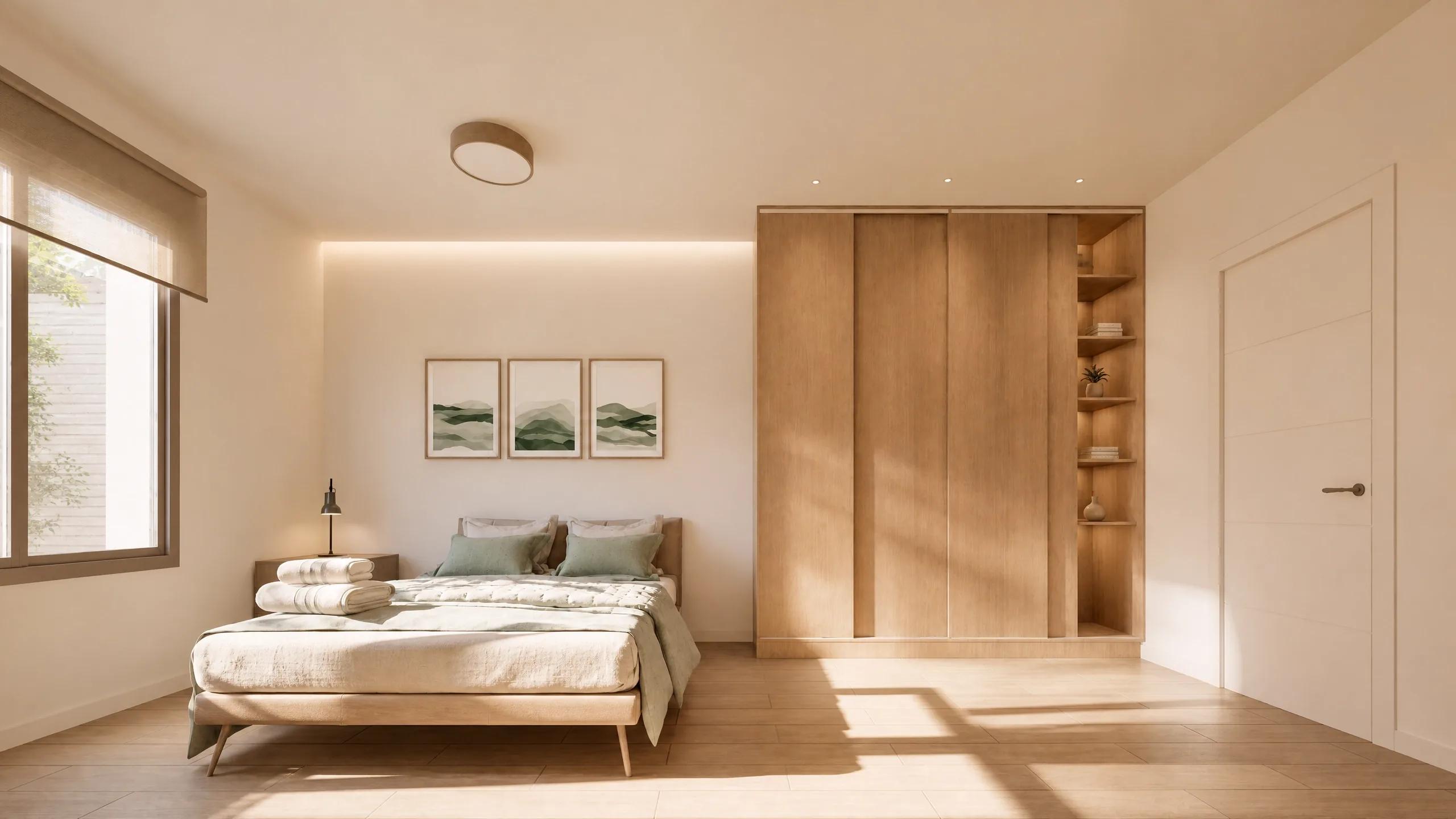 Dormitorio con armario de madera y luz indirecta