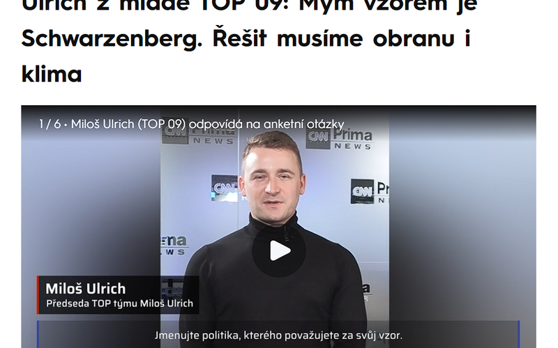 Ulrich z mladé TOP 09: Mým vzorem je Schwarzenberg. Řešit musíme obranu i klima