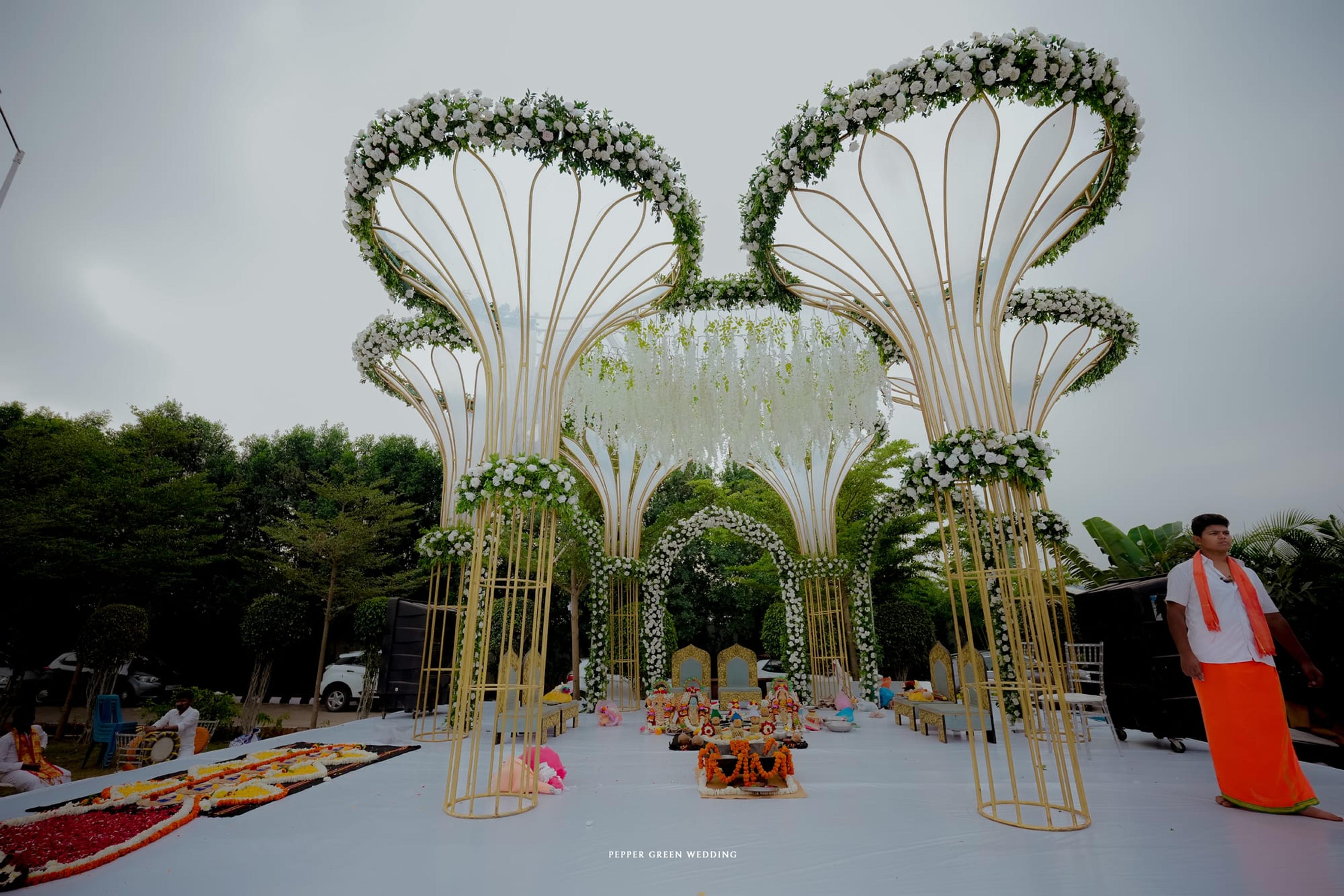 Round marigold installation on the lawn