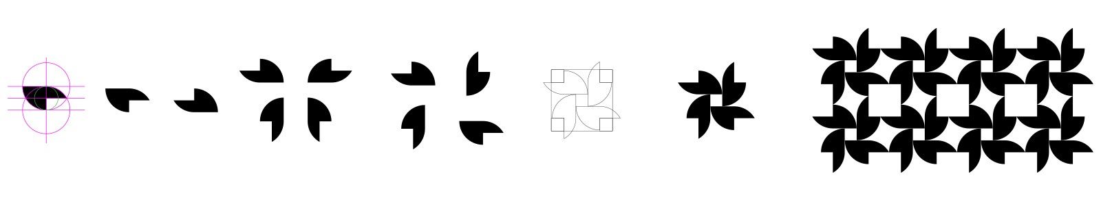 Logo development sequence showing the progression from a single petal shape to the final four-part bloom mark