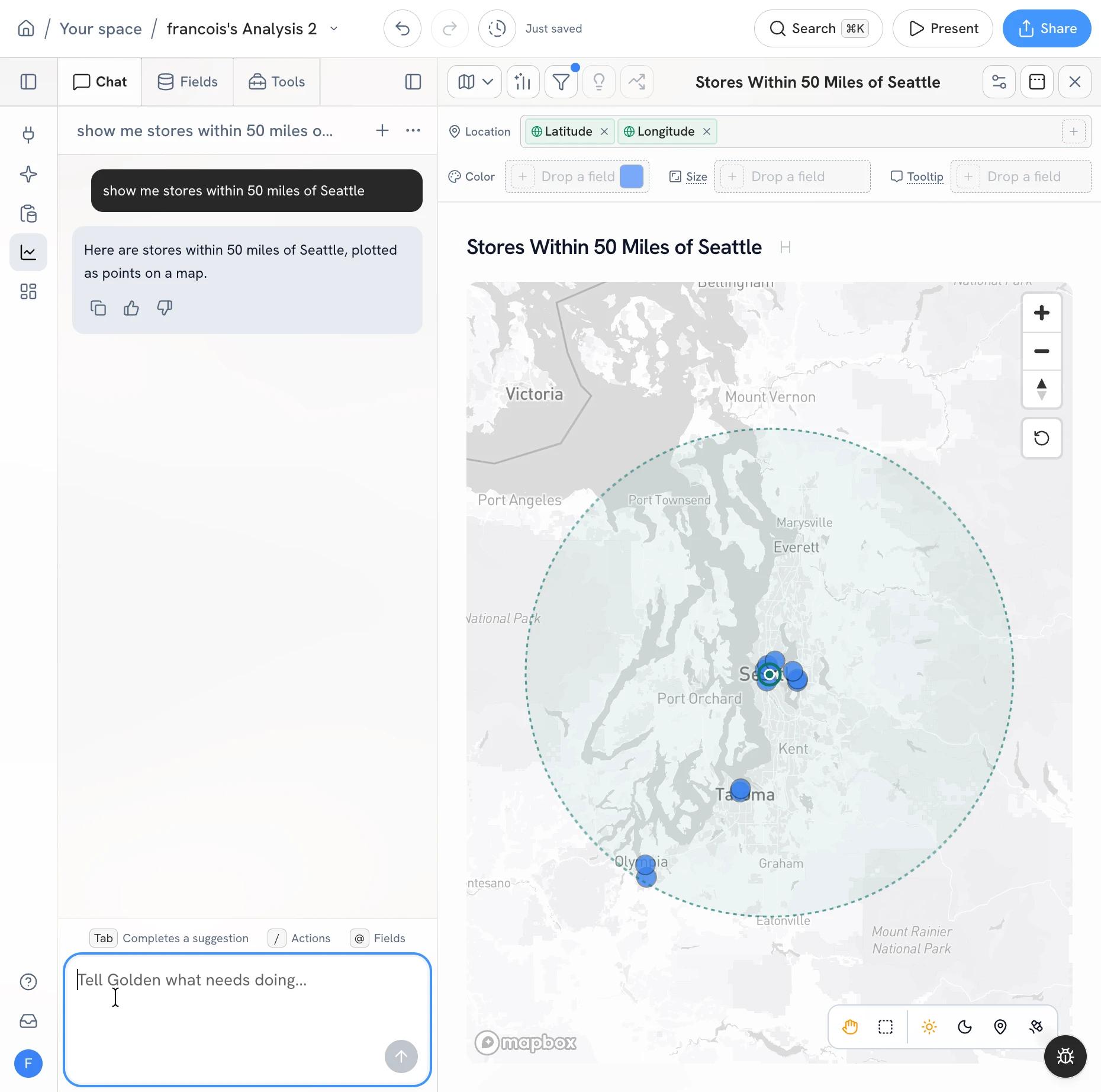 Map titled Stores Within 50 Miles of Seattle with a dashed 50-mile radius and store points inside it