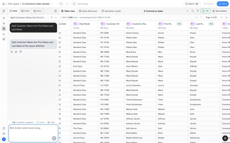 Prep grid with new First Name and Last Name columns split from Customer Name