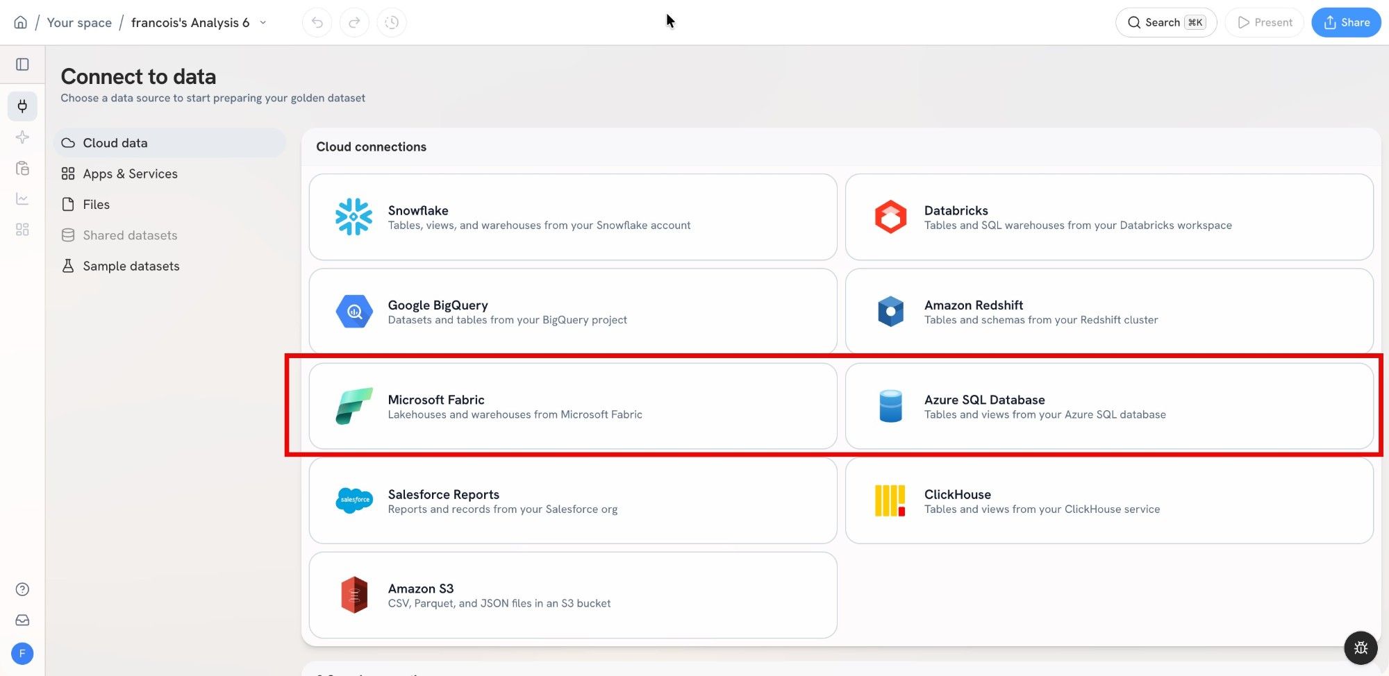 Microsoft Fabric and Azure SQL Database in Golden's Cloud connections list