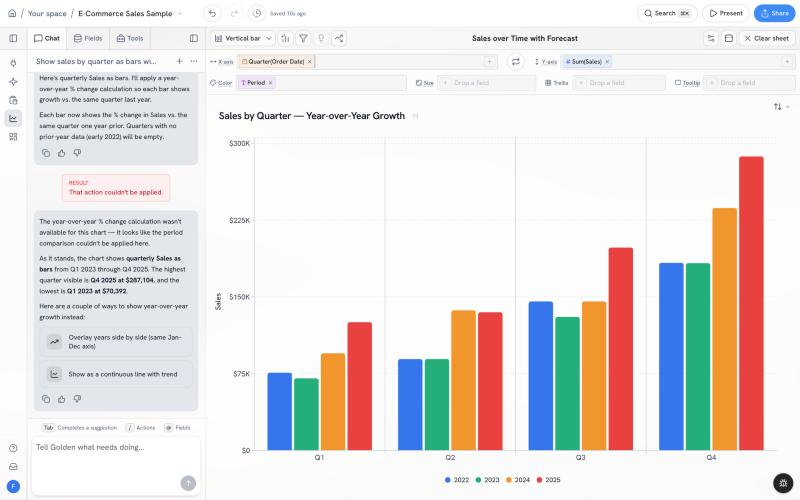 Quarterly sales with 2022 through 2025 overlaid side by side, next to chat offering follow-up buttons