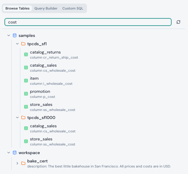 Golden's Browse Tables search for 'cost' across a Databricks catalog, matching tables by column name and by schema description