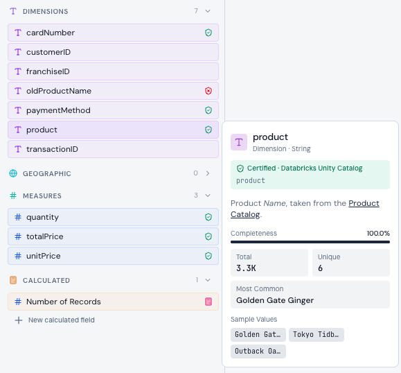 Golden fields pane with Certified and Deprecated badges from Databricks Unity Catalog, and a product field card showing its catalog description and sample values