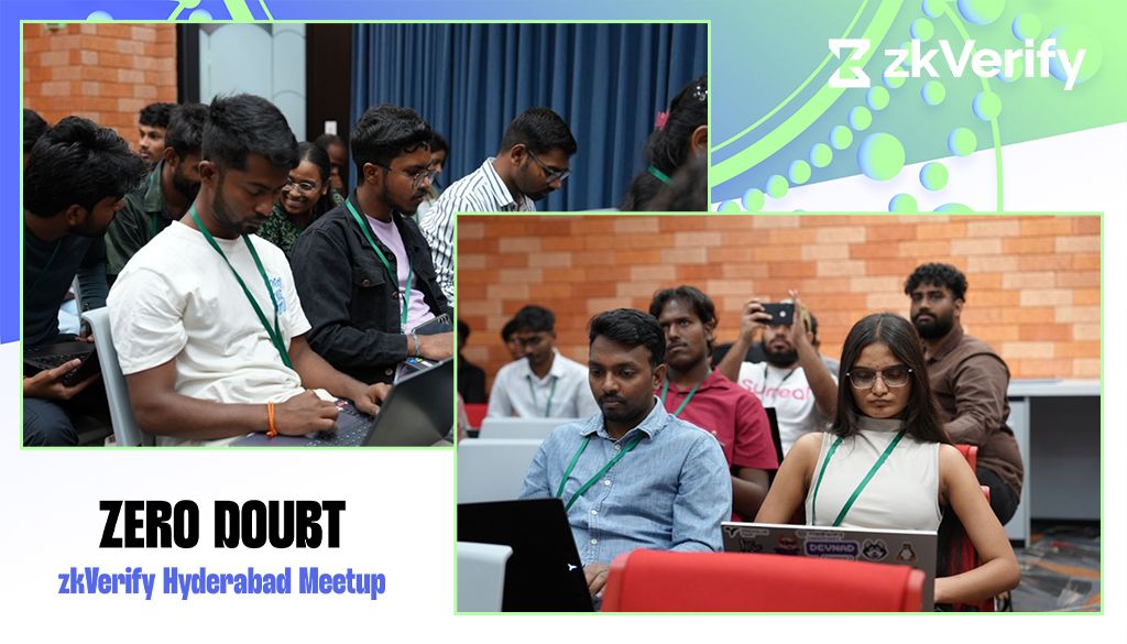 A collage of two photos showing attendees at the zkVerify Hyderabad Meetup, many working on laptops.