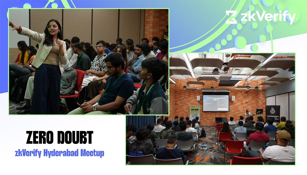A collage showing the zkVerify Hyderabad Meetup with a speaker addressing an audience and attendees watching a presentation.