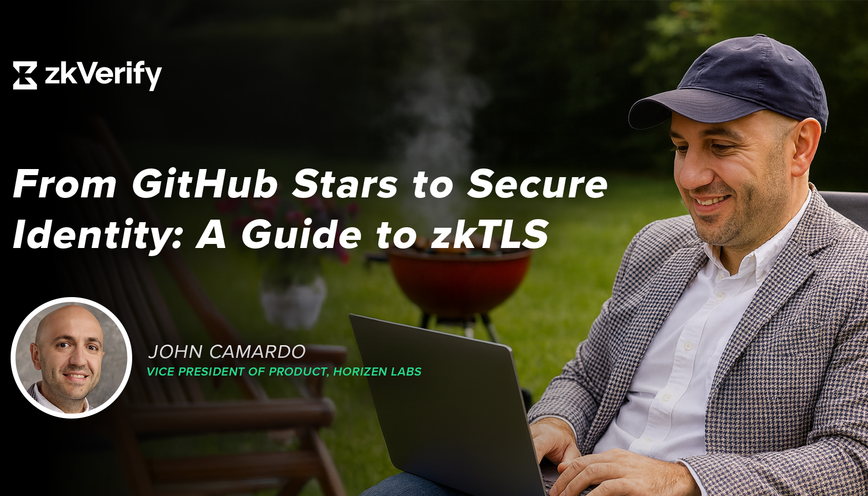 a man sitting in front of a laptop with the words from github stars to secure identity a guide to zktls