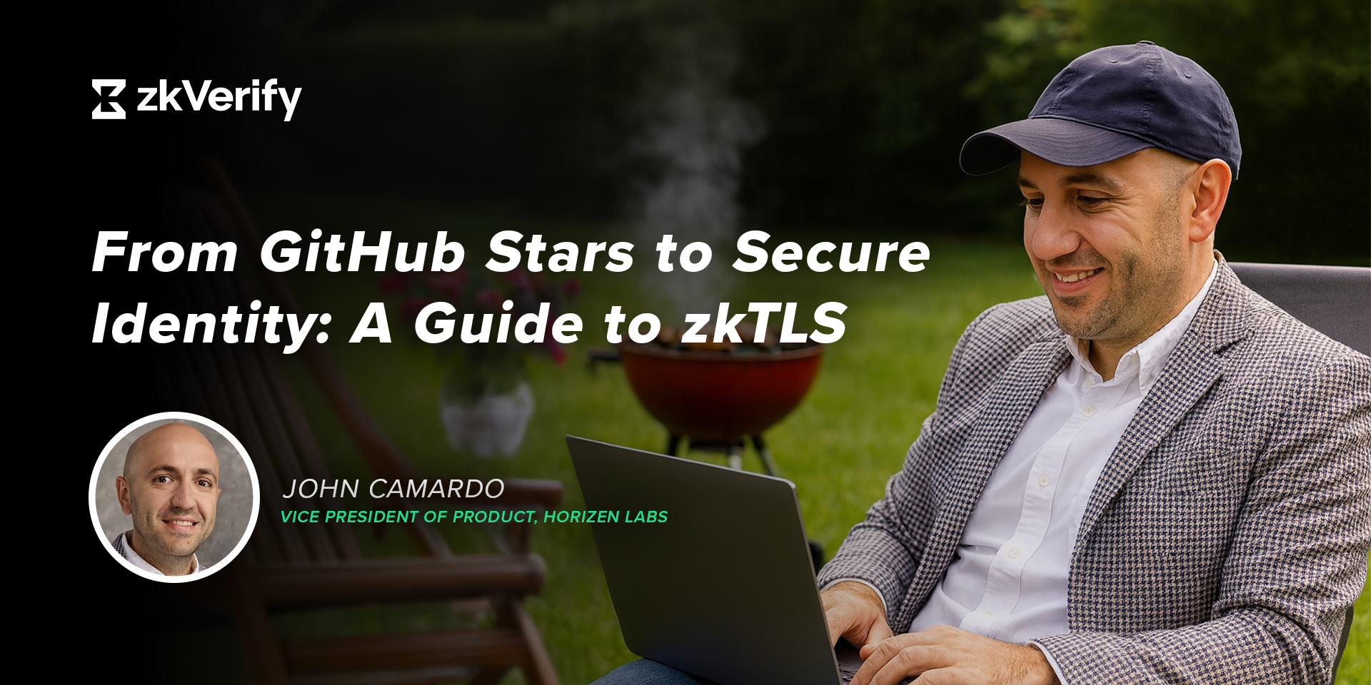 a man sitting in front of a laptop with the words from github stars to secure identity a guide to zktls