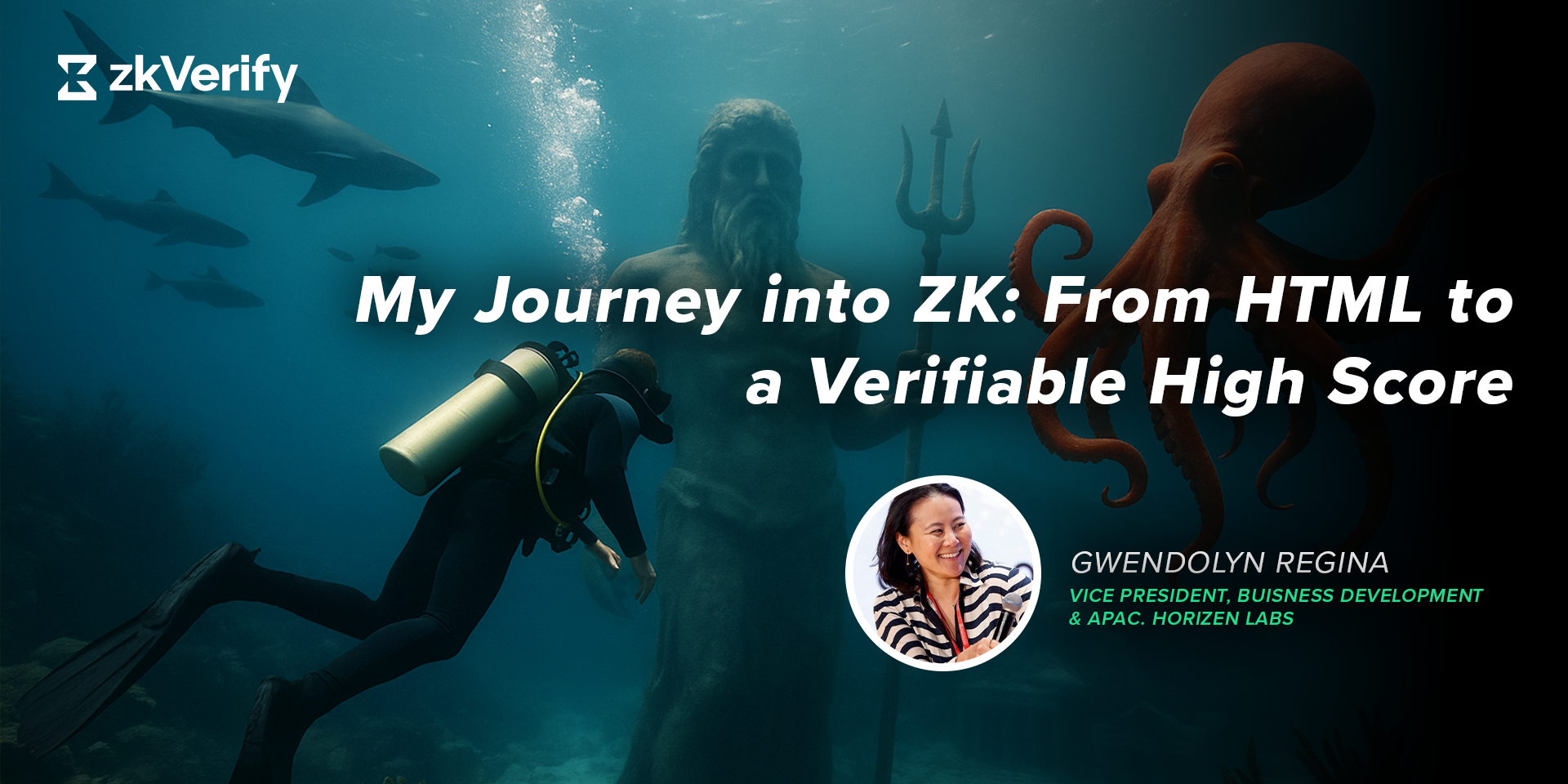 a poster with a scuba diver and an octopus and the words my journey into zk from html to a verifiable high score