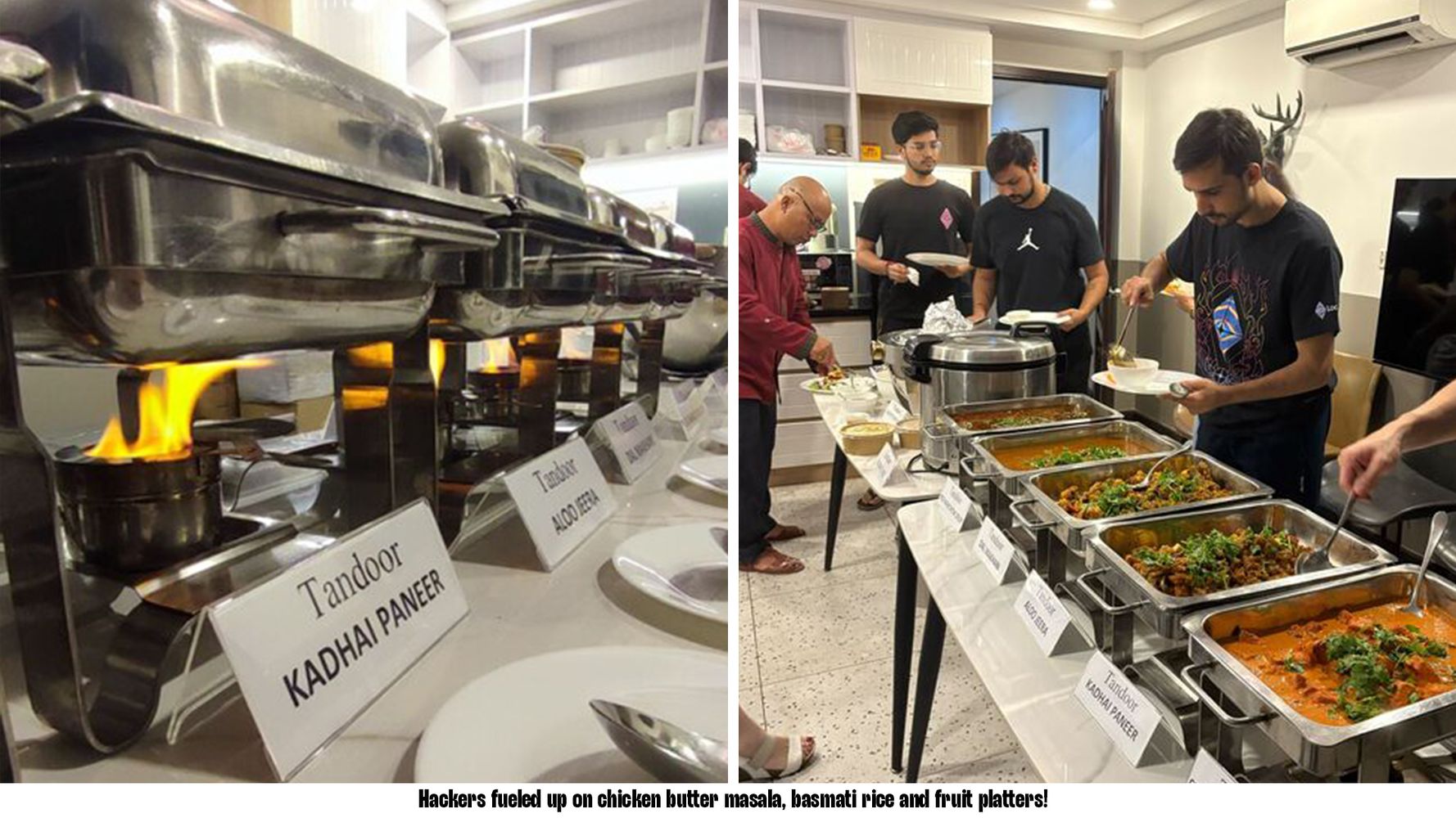 a group of men are standing around a buffet table eating food .
