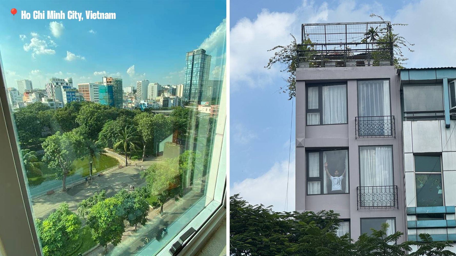 a view of a city from a window and a picture of a building .