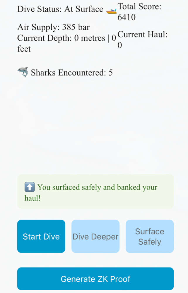 a screen shows the dive status at surface and the total score