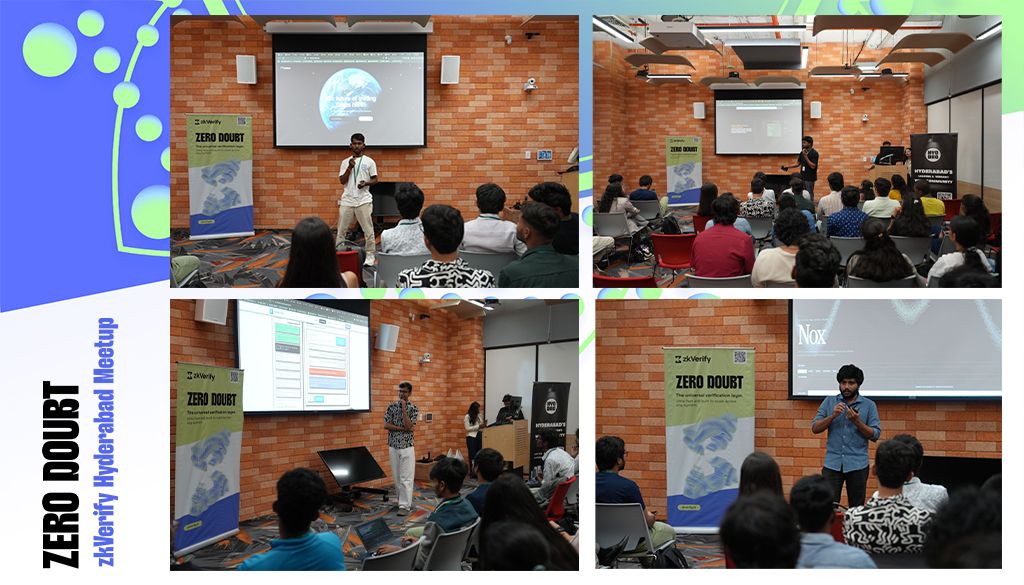 Four photos of speakers presenting to an audience at the Zero Doubt zkVerify Hyderabad Meetup.