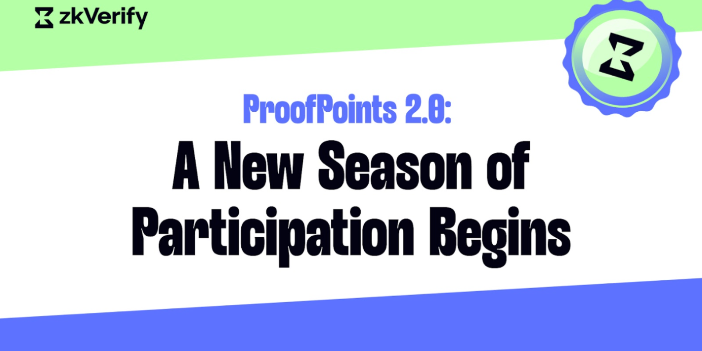 zkVerify announcement graphic for 'ProofPoints 2.0: A New Season of Participation Begins', featuring an hourglass logo.