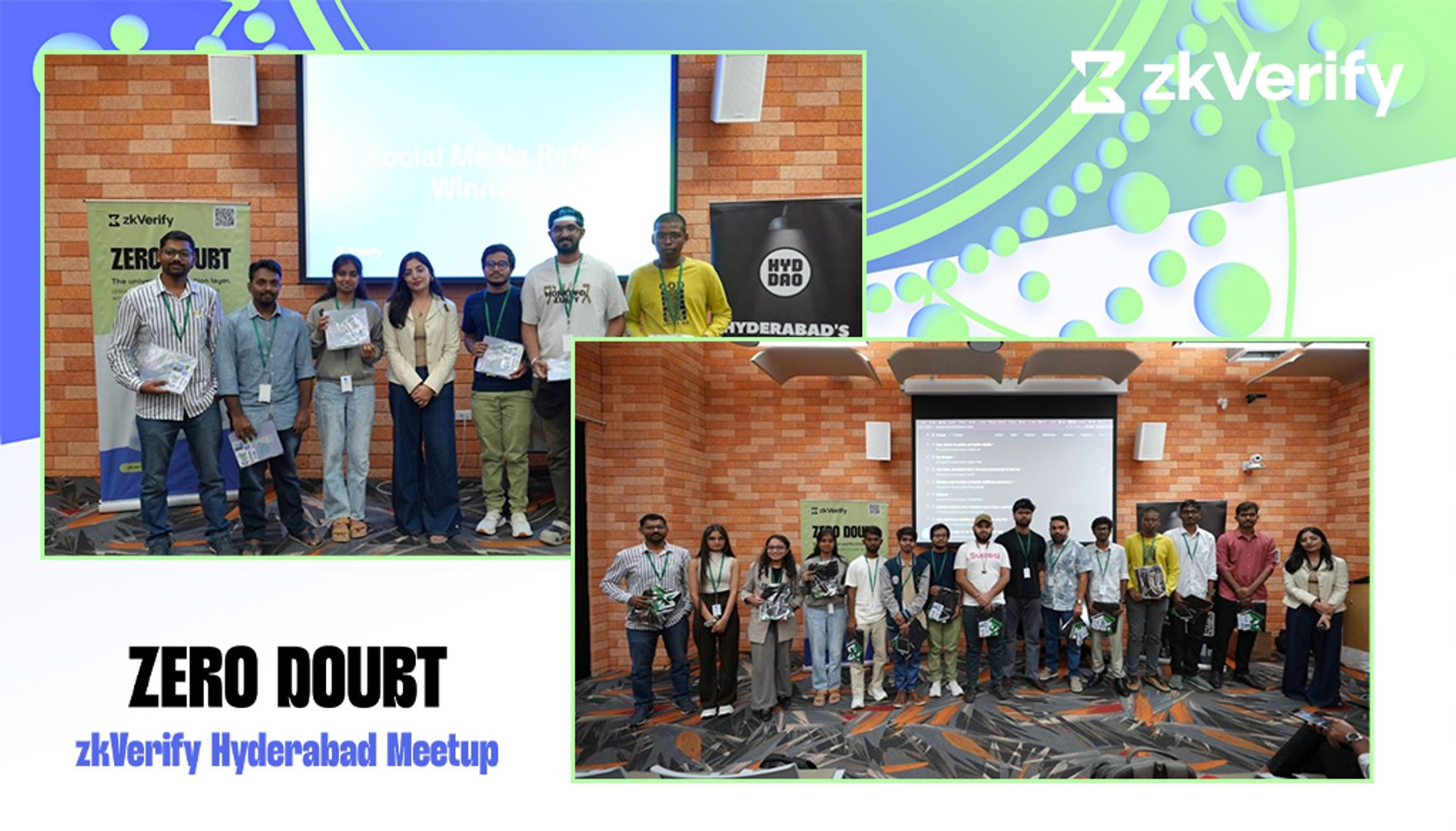 Two group photos of participants at the zkVerify Hyderabad Meetup, with "ZERO DOUBT" branding.