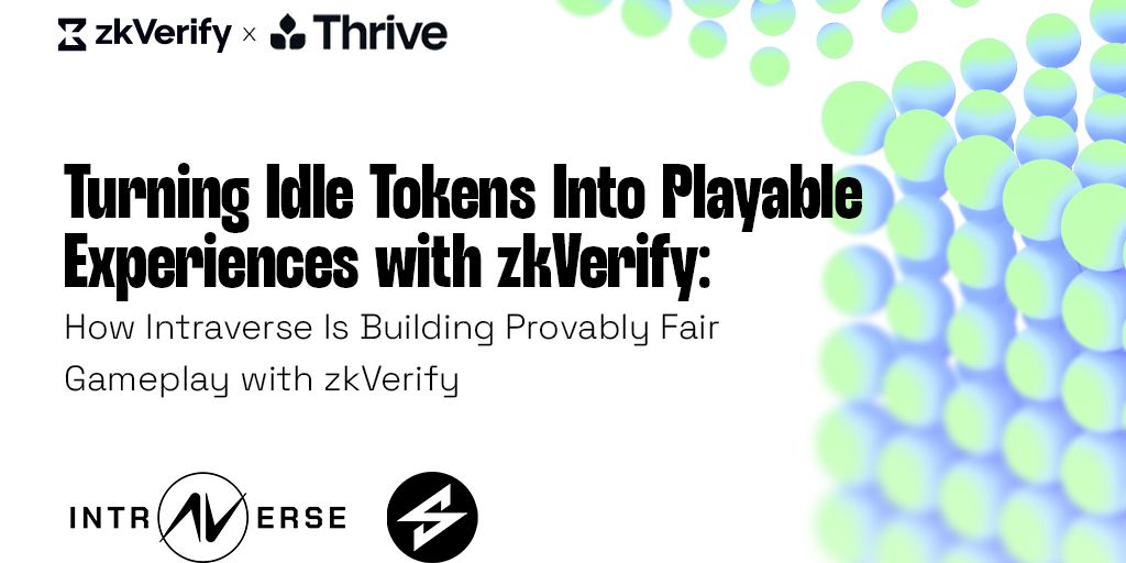 Promotional graphic titled "Turning Idle Tokens Into Playable Experiences with zkVerify: How Intraverse Is Building Provably Fair Gameplay with zkVerify," featuring logos for zkVerify, Thrive, and Intraverse.