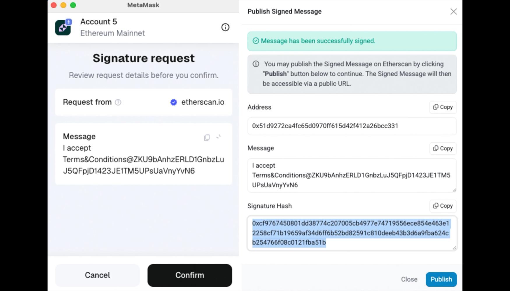 MetaMask interface displaying a signature request from Etherscan and the details of the successfully signed message including its hash.