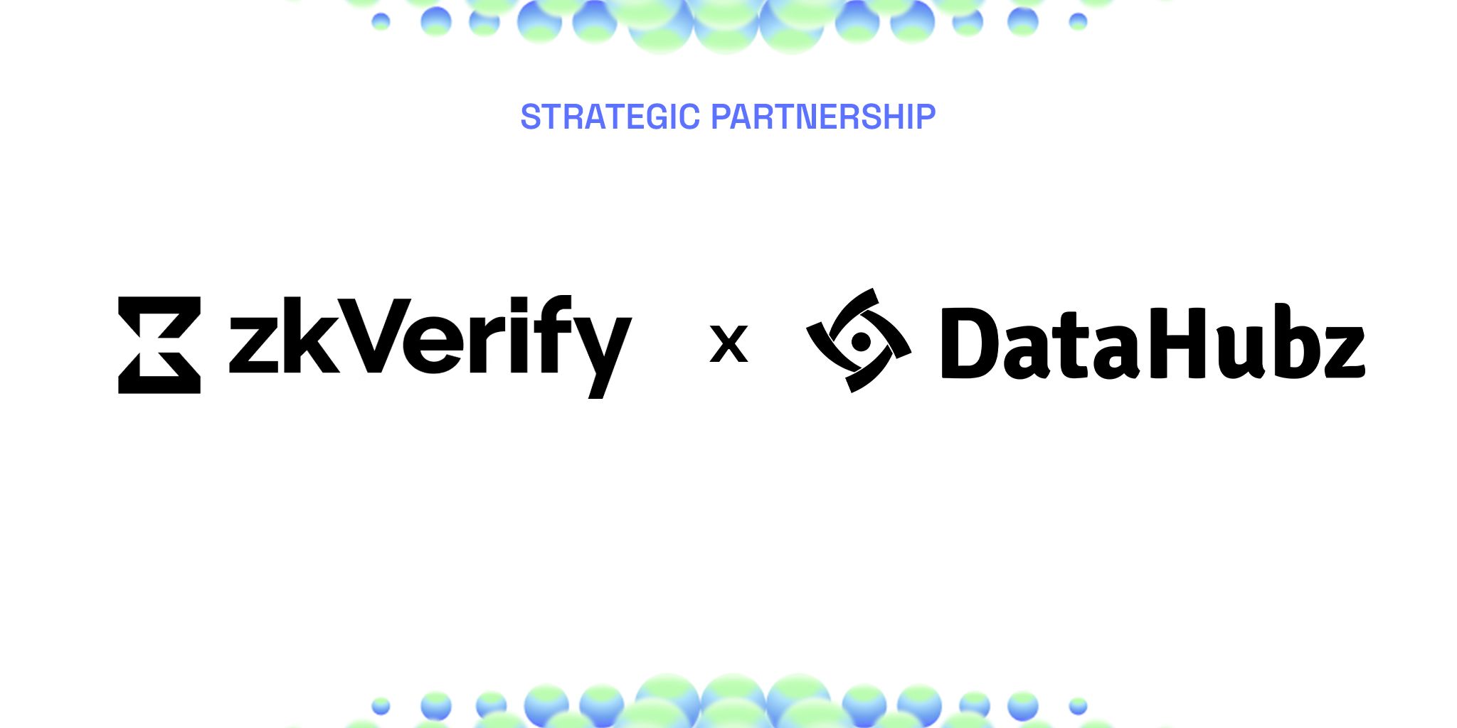 Logos for zkVerify and DataHubz with an 'x' between them, under "STRATEGIC PARTNERSHIP".