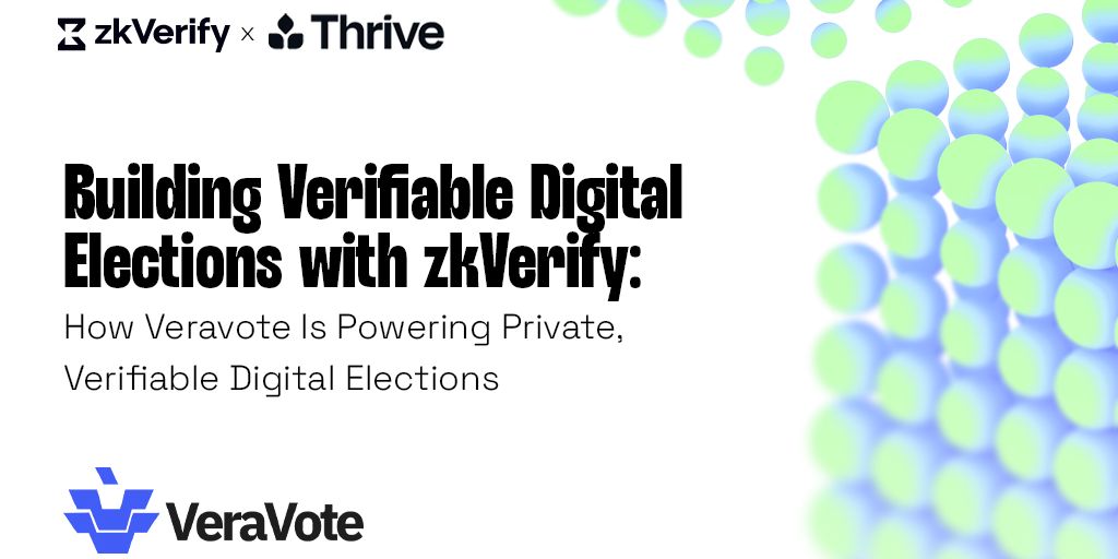Graphic with zkVerify, Thrive, and VeraVote logos and the title "Building Verifiable Digital Elections with zkVerify: How Veravote Is Powering Private, Verifiable Digital Elections."