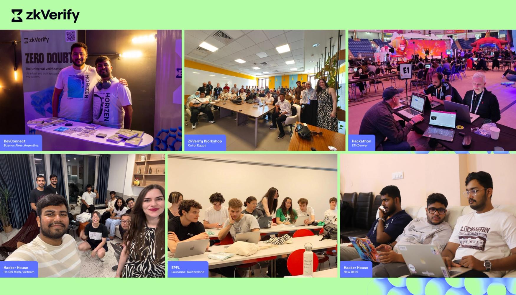 A grid of six images showcasing people participating in zkVerify events, workshops, hackathons, and hacker houses in various locations worldwide.