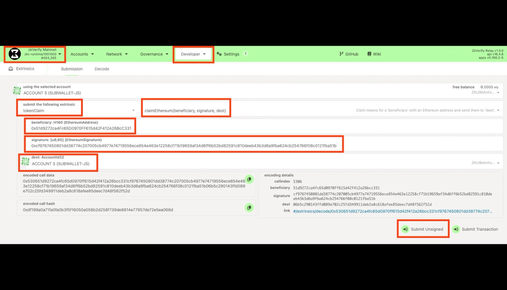 A web interface for submitting a token claim transaction, with the 'Developer' tab selected and a 'Submit Unsigned' button highlighted.