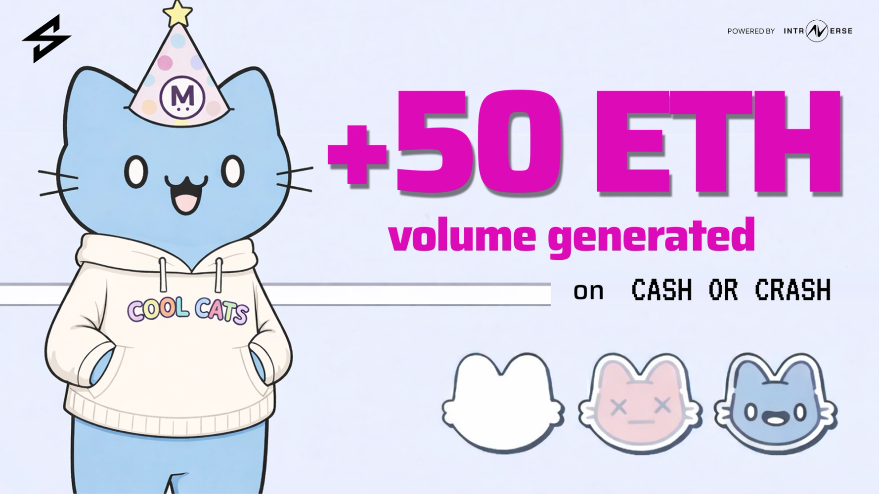 Light blue cartoon cat wearing a "COOL CATS" hoodie and party hat, next to large pink text reading "+50 ETH volume generated on CASH OR CRASH."