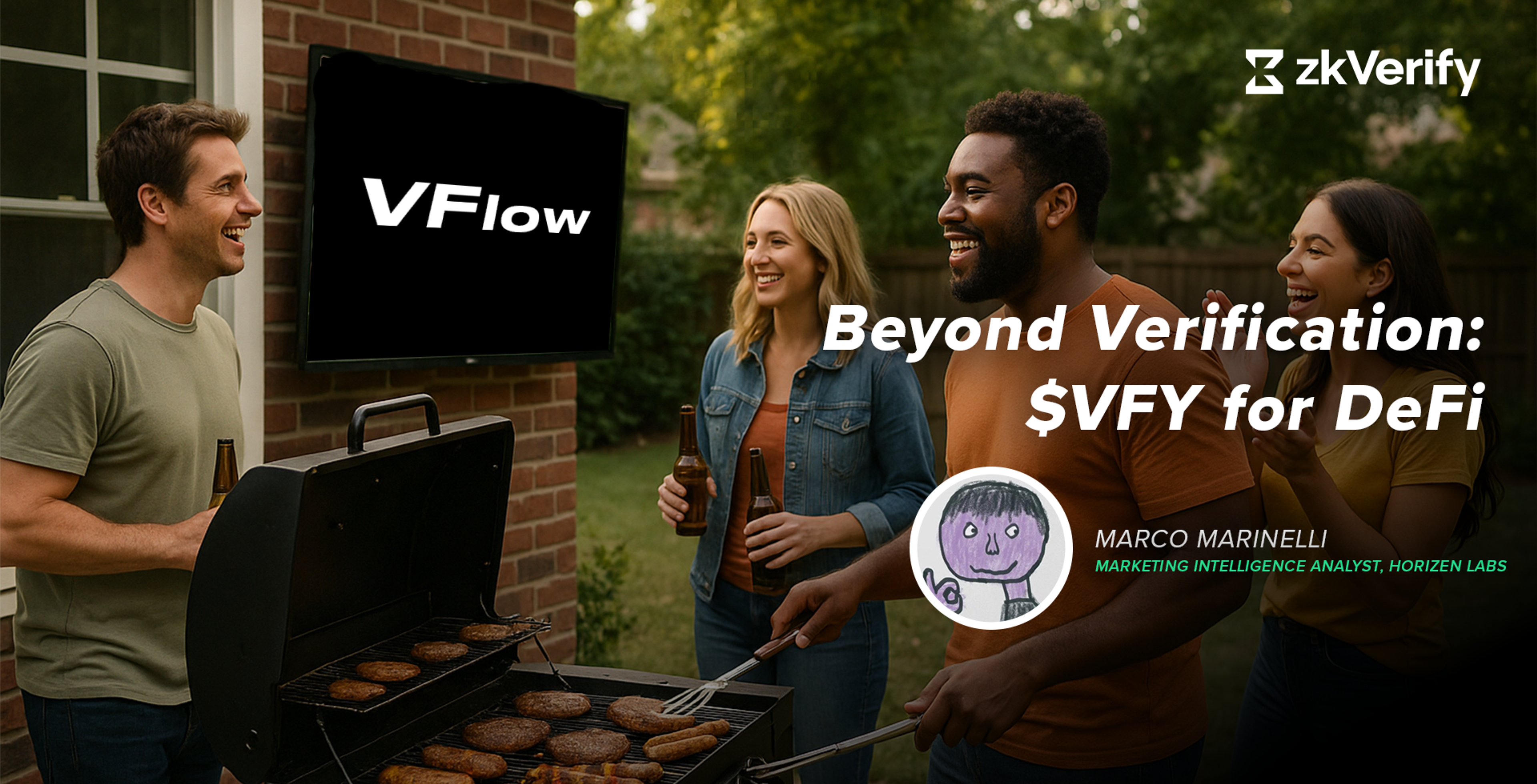 a group of people grilling burgers in front of a tv that says vflow